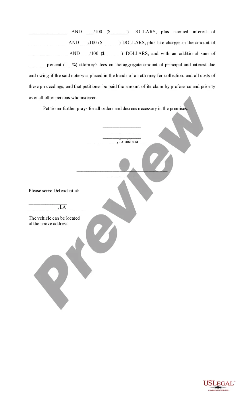 Preview Petition for Executory Process of vehicle with one defendant