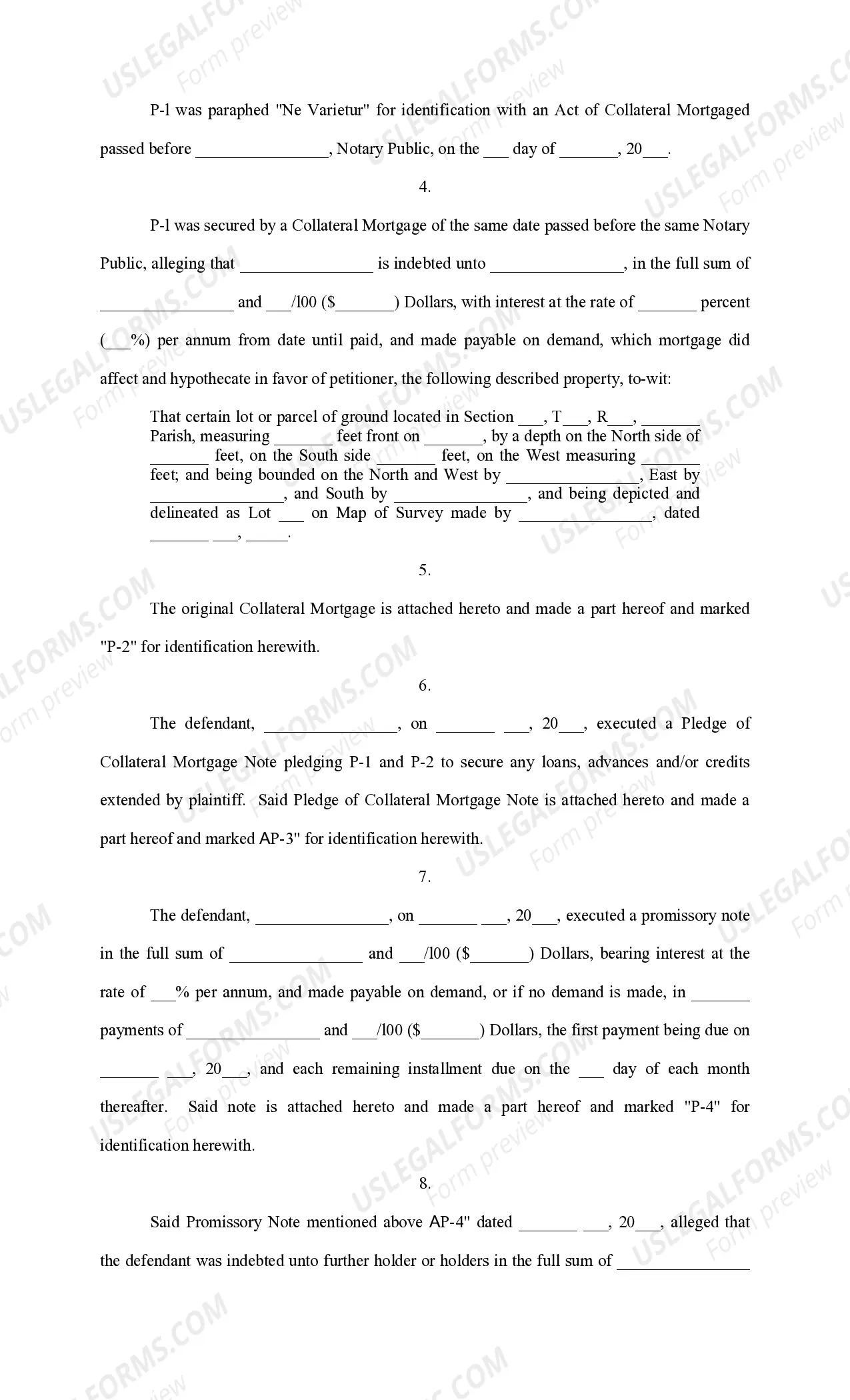 Preview Petition for Executory Process for real estate and mobile home with one defendant