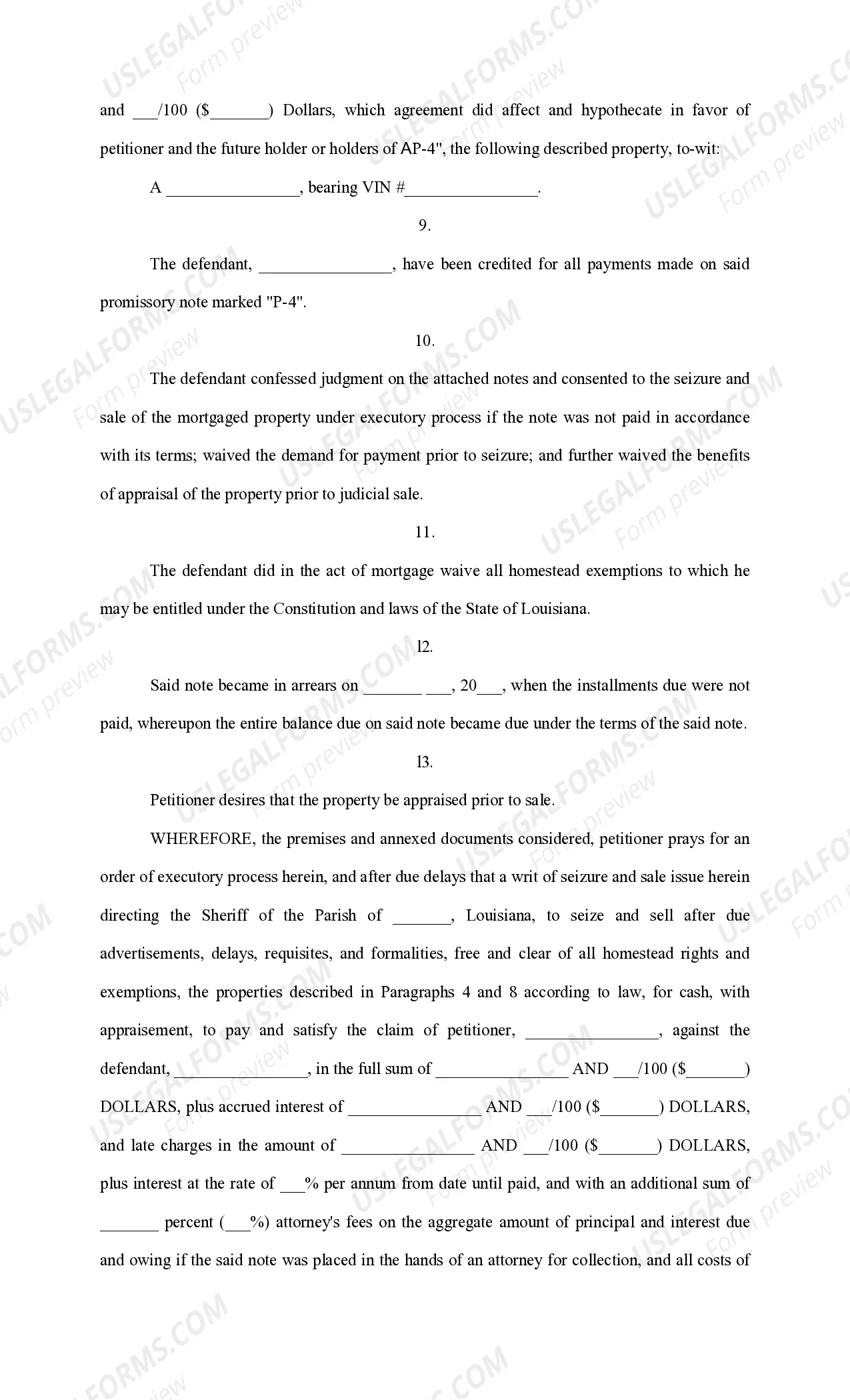 Preview Petition for Executory Process for real estate and mobile home with one defendant