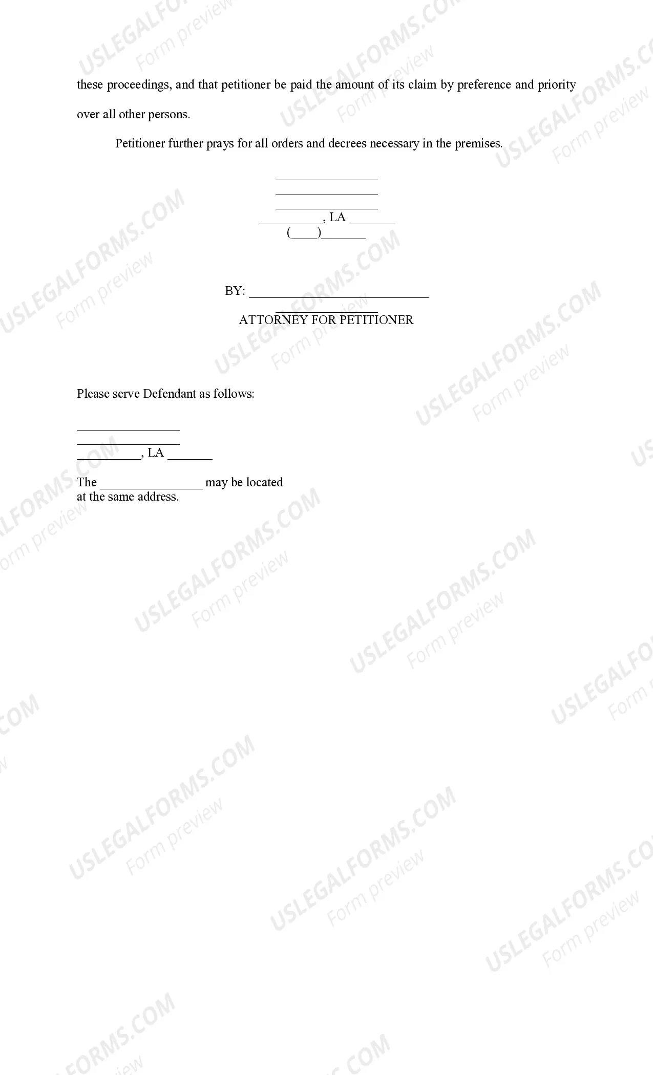 Preview Petition for Executory Process for real estate and mobile home with one defendant