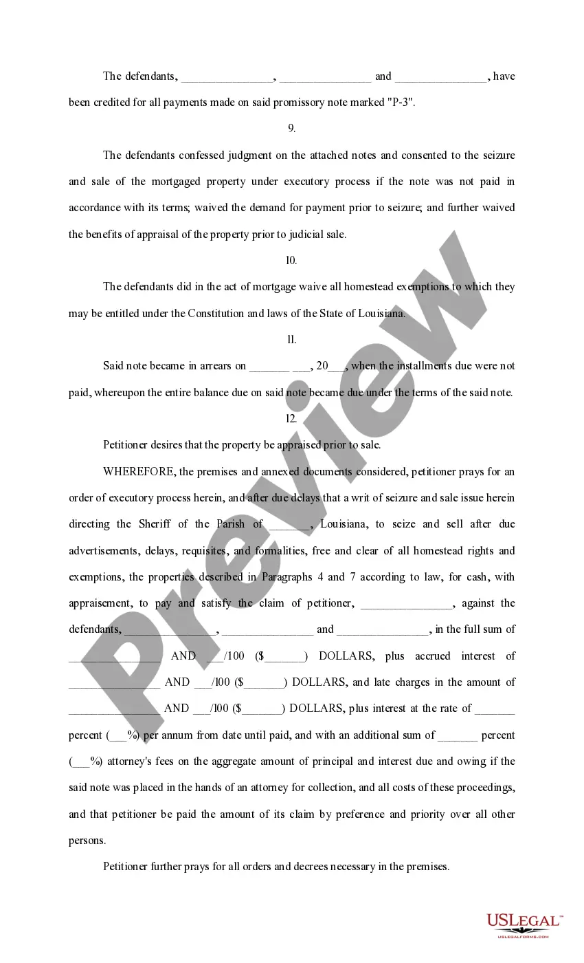 Get Petition for Executory Process for real estate with multiple defendants Preview Petition for Executory Process for real estate with multiple defendants