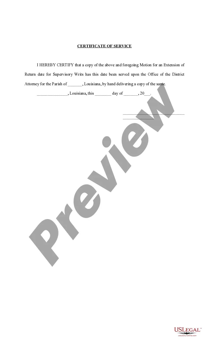 Get Motion and Order for Extension of Return Date for Supervisory Writs Preview Motion and Order for Extension of Return Date for Supervisory Writs