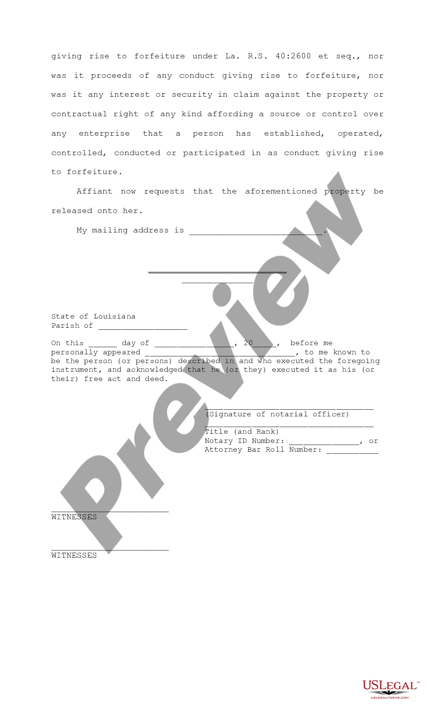 Louisiana Affidavit regarding request for return of improperly seized ...