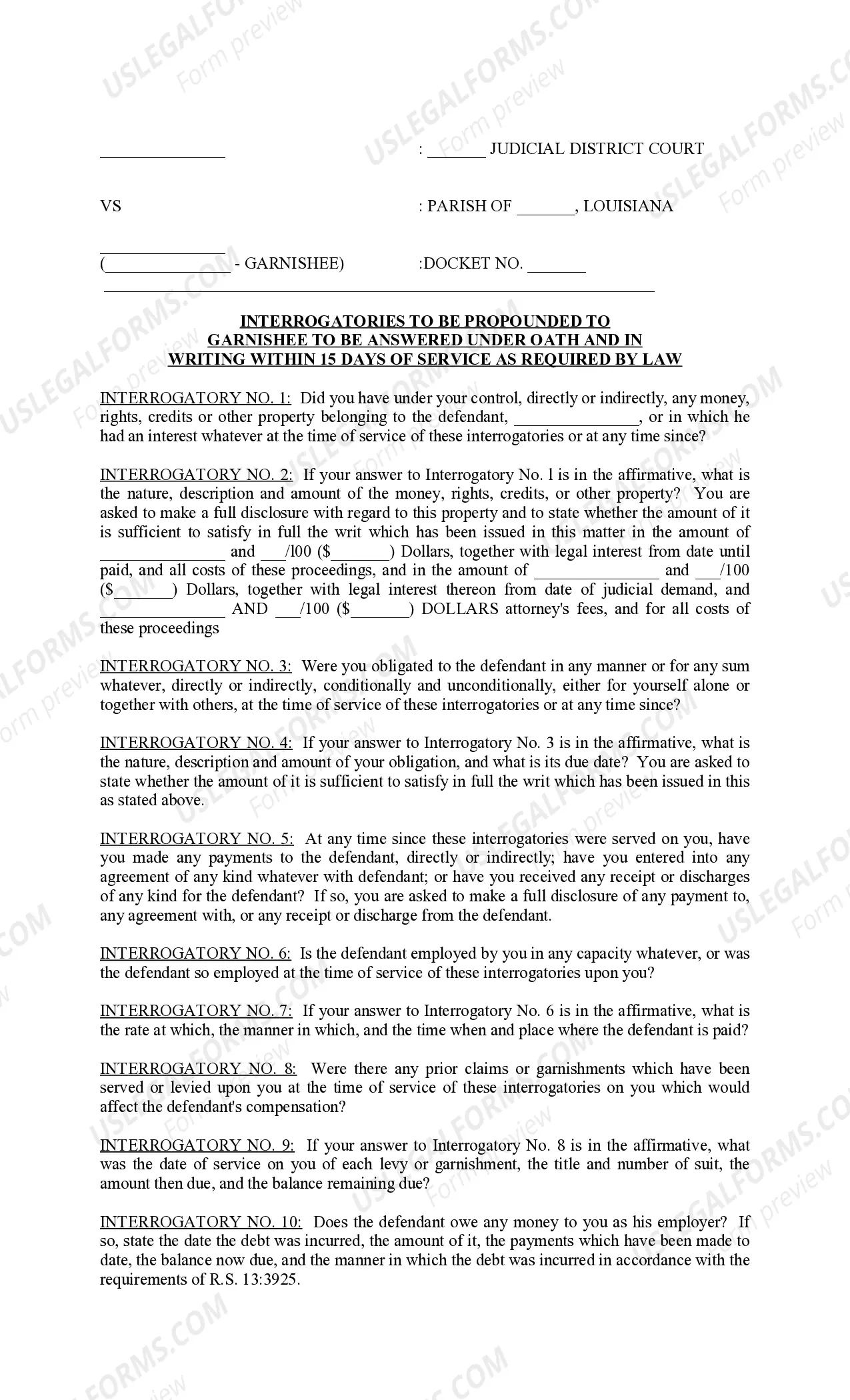 Preview Petition for Garnishment under Writ of Fieri Facias, with Interrogatories and Request for Rendition of Interlocutory Orders or Judgments