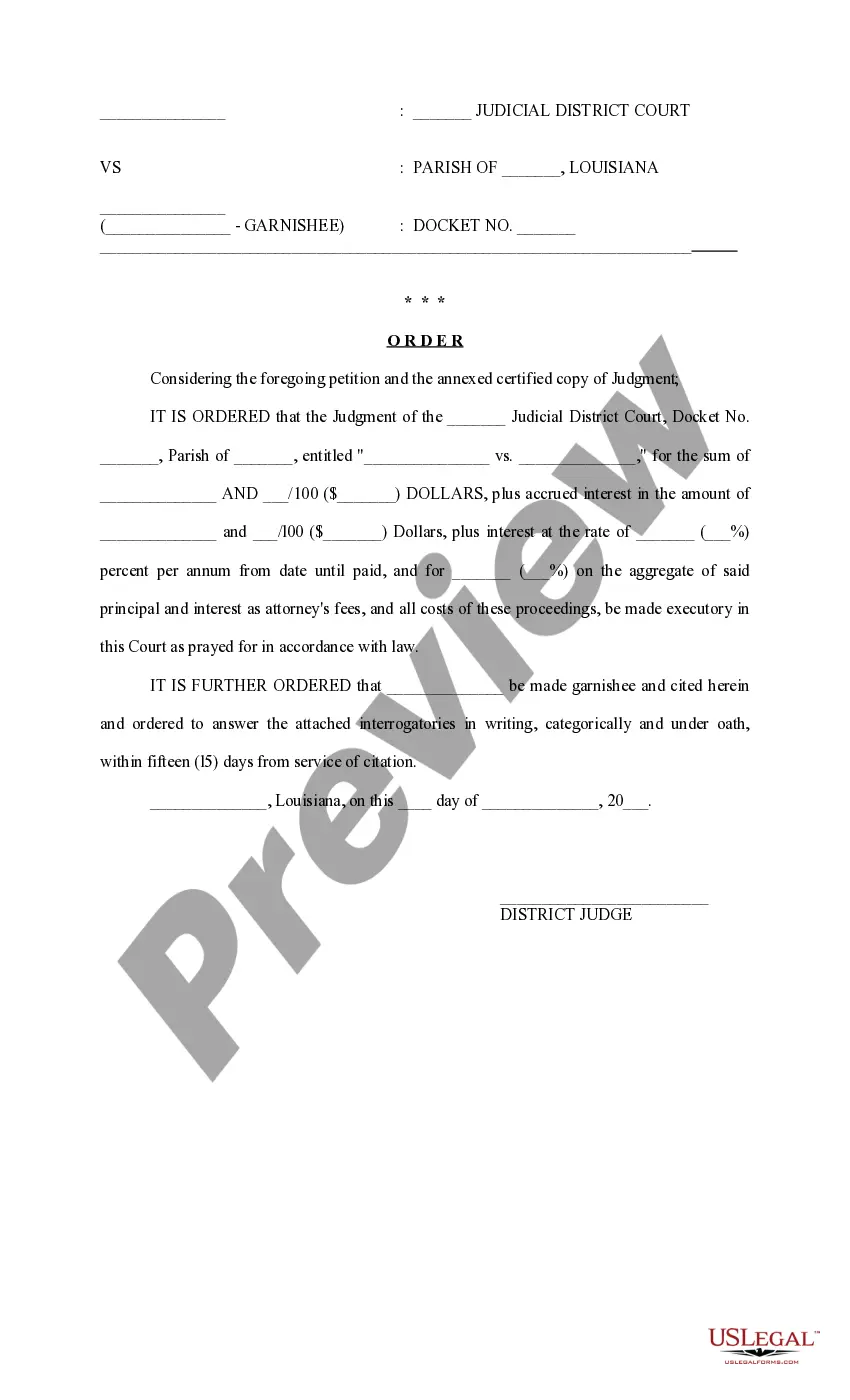 Preview Petition for Garnishment under Writ of Fieri Facias, with Interrogatories