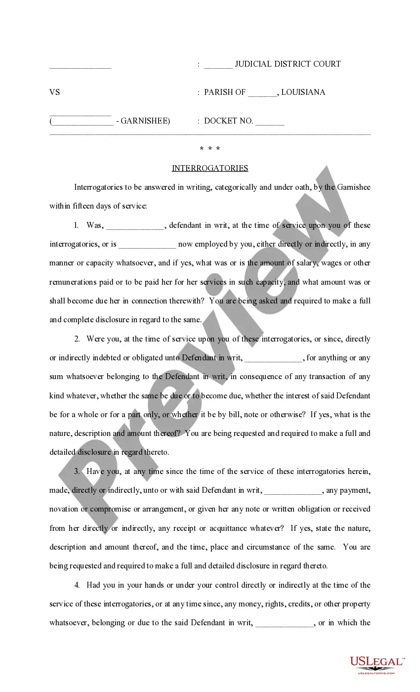 Preview Petition for Garnishment under Writ of Fieri Facias, with Interrogatories