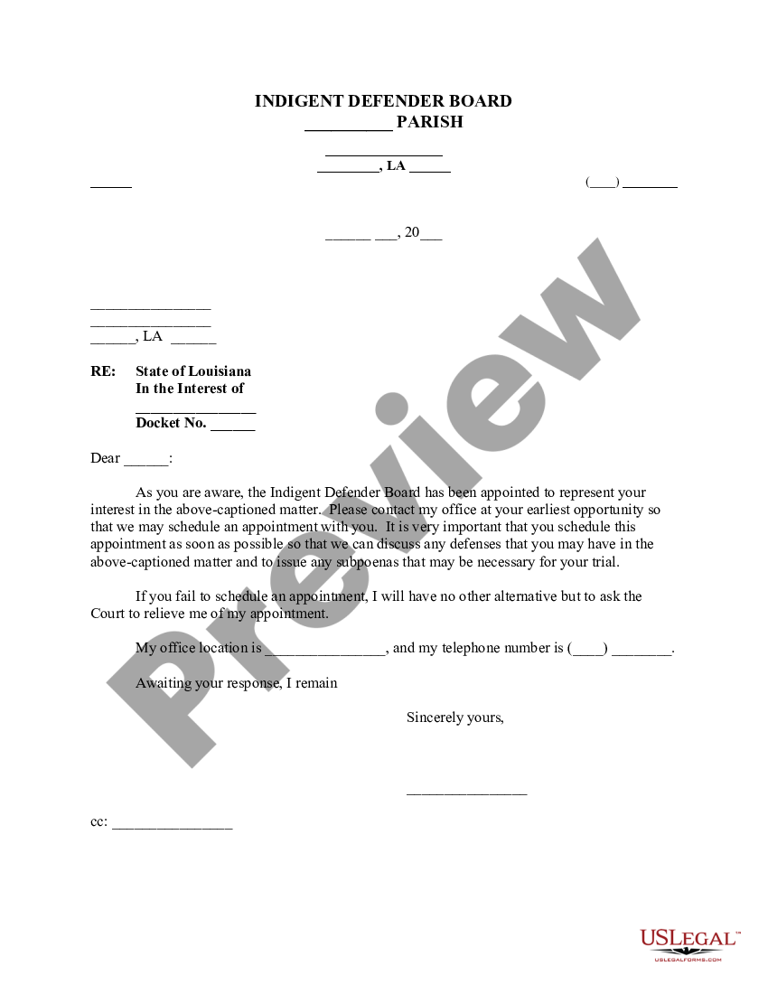 Louisiana Letter to Indigent Defendant regarding Appointment as ...