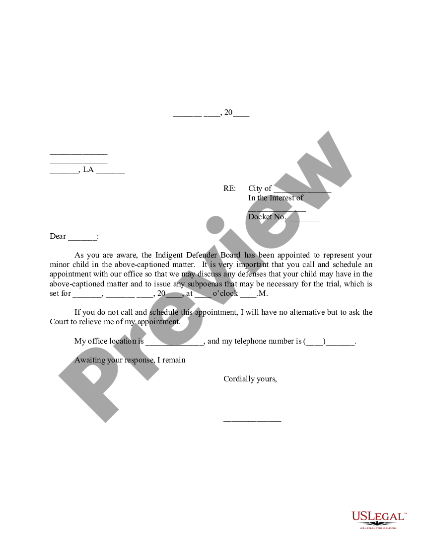 Louisiana Letter to Indigent Defendant regarding Appointment as ...