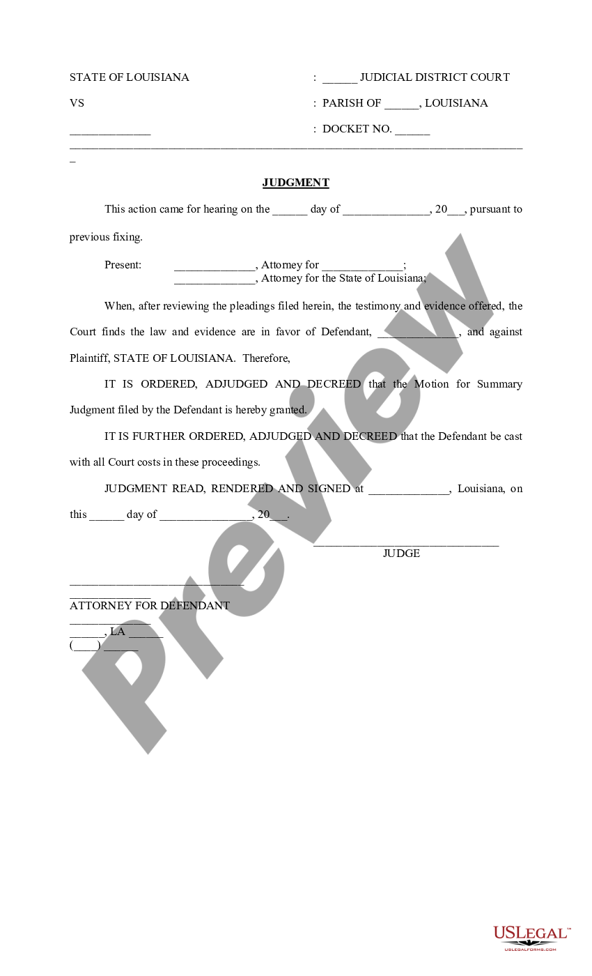 Louisiana Judgment Granting Motion For Summary Judgment Louisiana