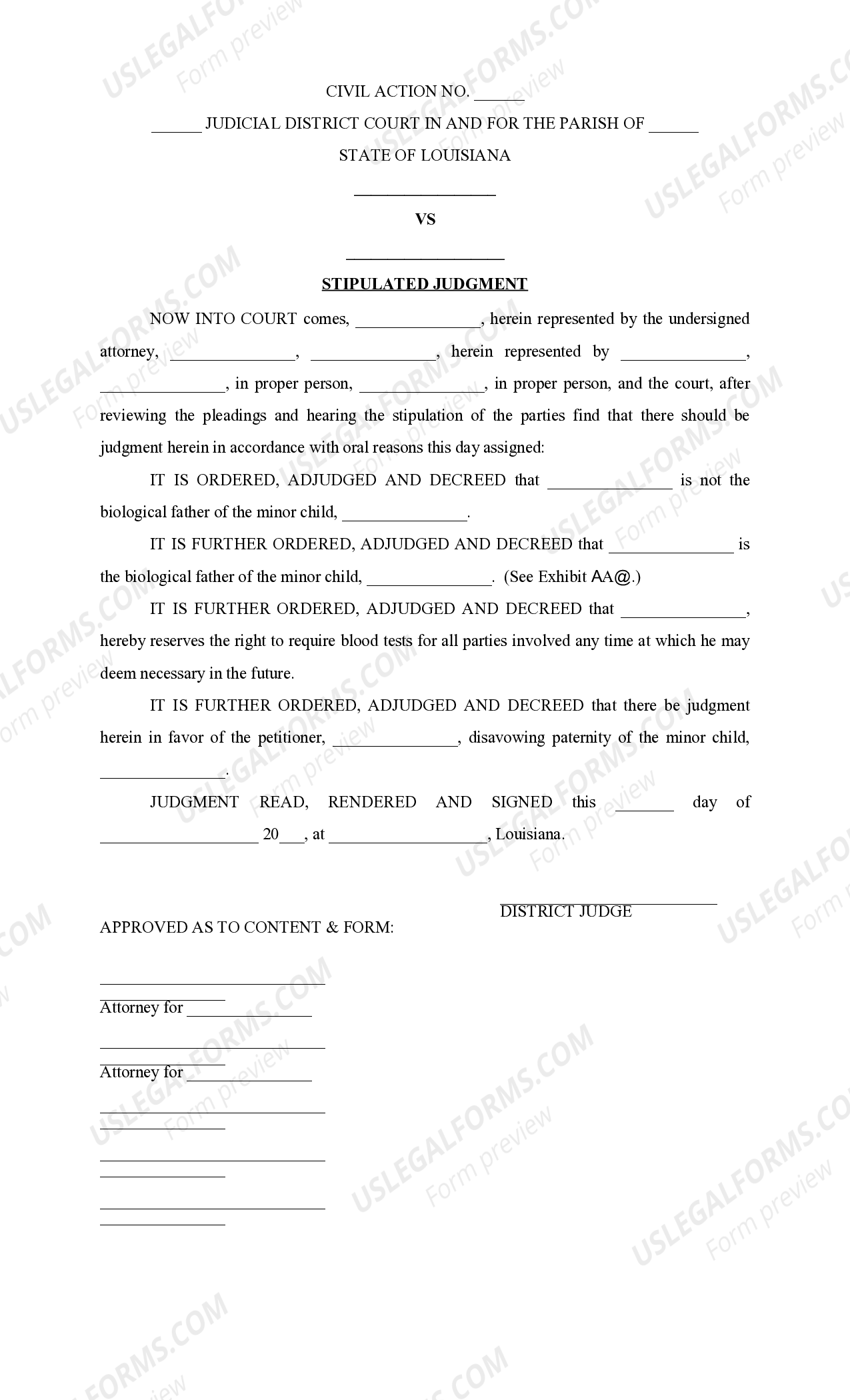 Louisiana Stipulated Judgment Paternity Paternity US Legal Forms