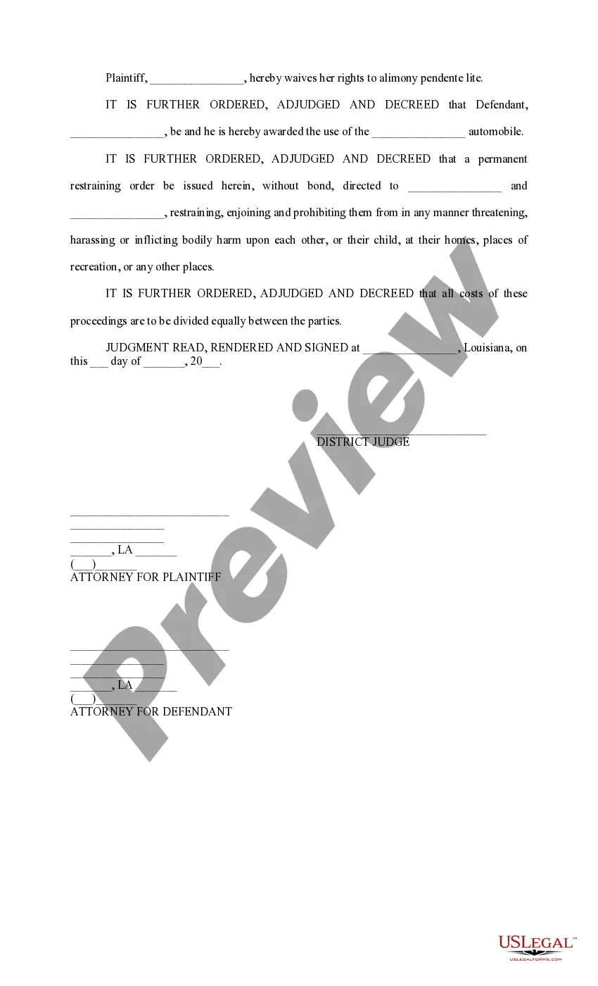 Preview Judgment for Child Support, Custody, Visitation, Restraining Order