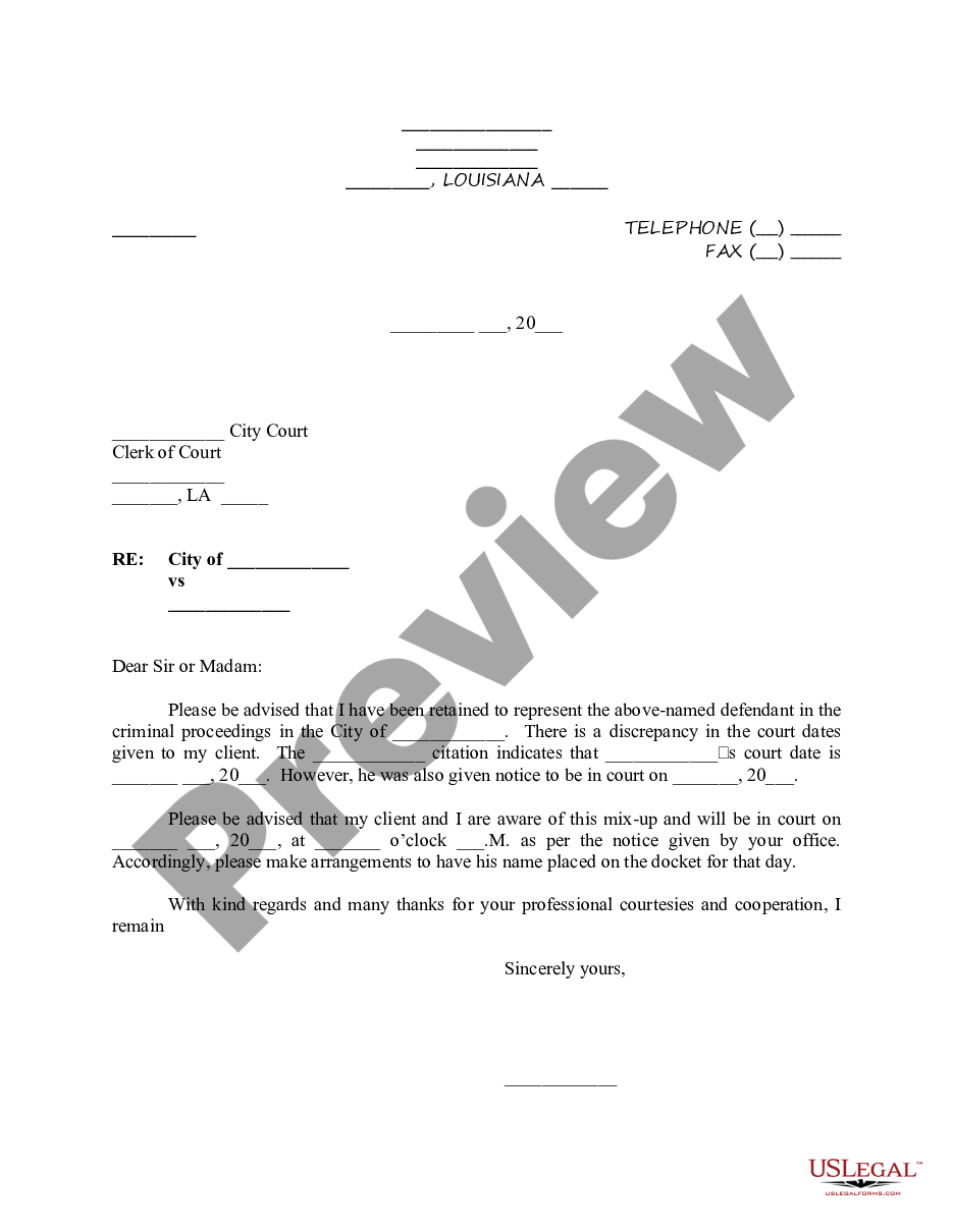 Louisiana Letter to Clerk of Court regarding Court Date Discrepancy