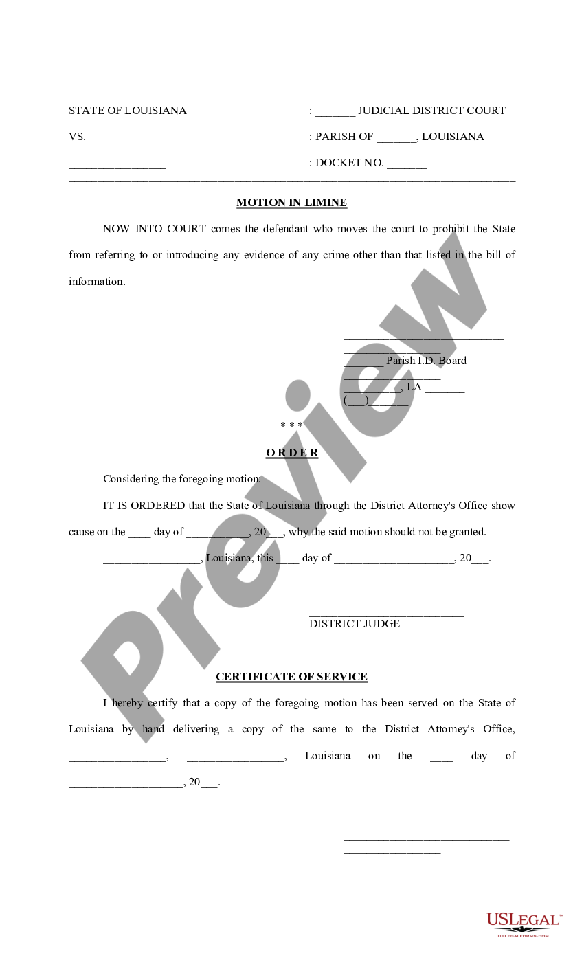 Louisiana Motion In Limine Motion In Limine Louisiana Us Legal Forms