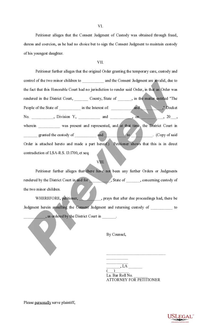 Preview Petition to Annul Consent Judgment of Custody