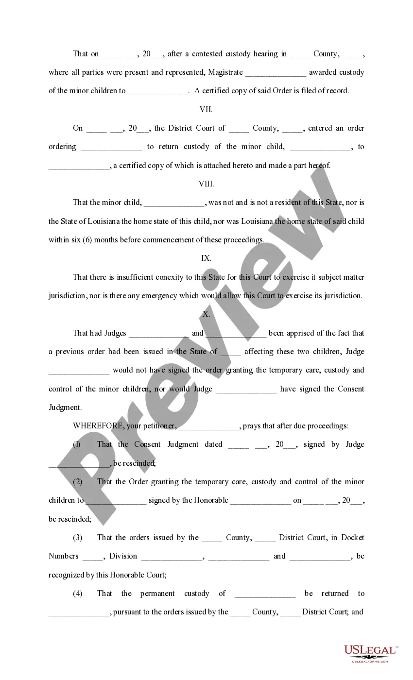 Get Motion and Order to Recognize Foreign Judgments and to Rescind Previously Issued Orders (Custody) Preview Motion and Order to Recognize Foreign Judgments and to Rescind Previously Issued Orders (Custody)