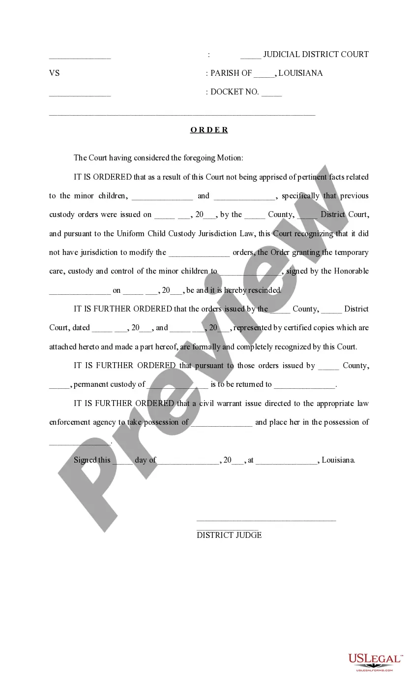 Get Motion and Order to Recognize Foreign Judgments and to Rescind Previously Issued Orders (Custody) Preview Motion and Order to Recognize Foreign Judgments and to Rescind Previously Issued Orders (Custody)