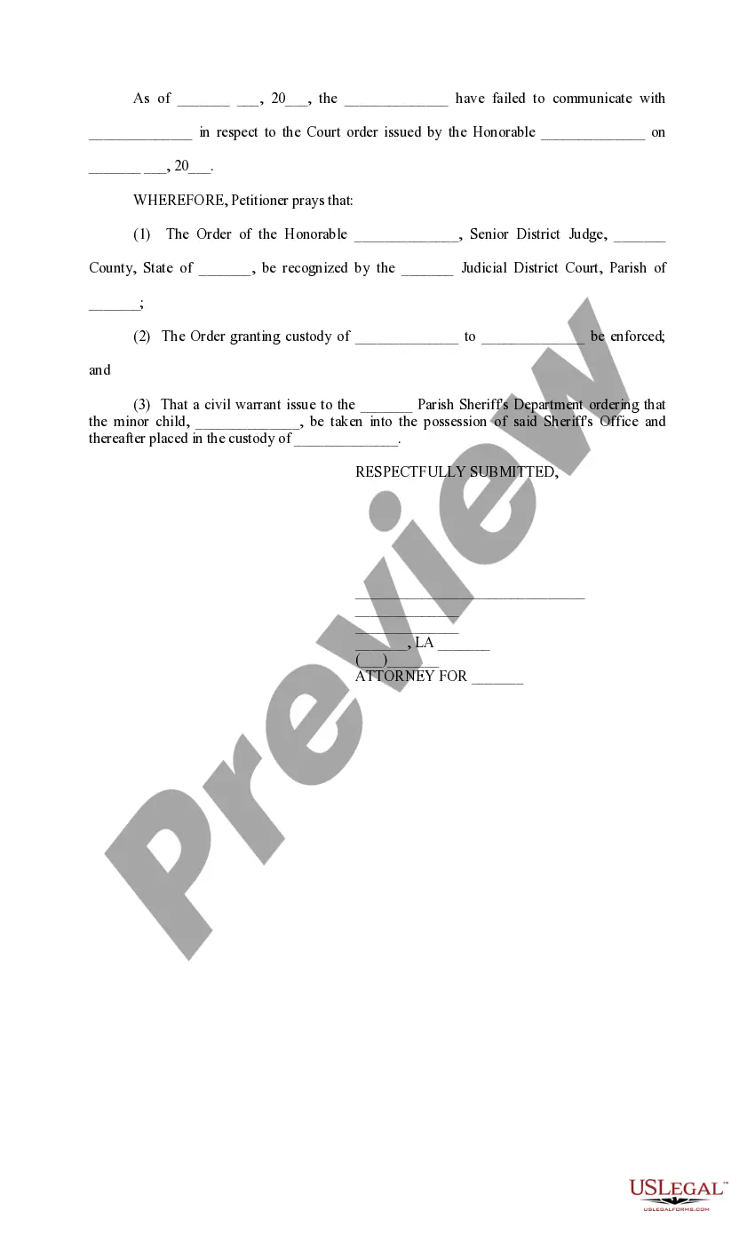 Preview Motion and Order for Recognition and Enforcement of Out of State Custody Decree