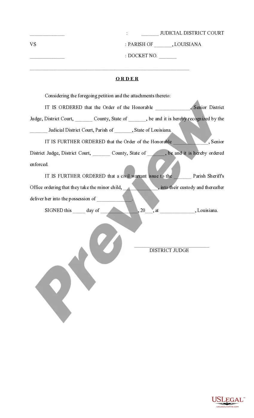 Preview Motion and Order for Recognition and Enforcement of Out of State Custody Decree