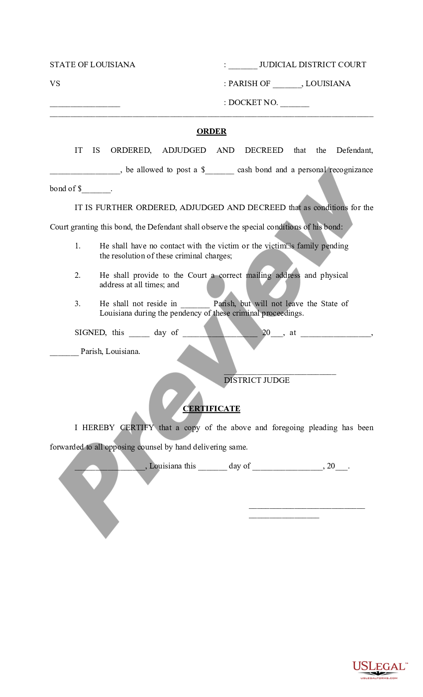 Louisiana Motion And Order To Amend Bond Motion To Amend Bond Conditions Us Legal Forms