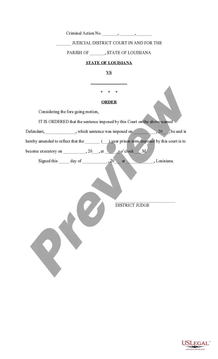 Preview Motion and Order to Amend Sentence and Extend Executory Date