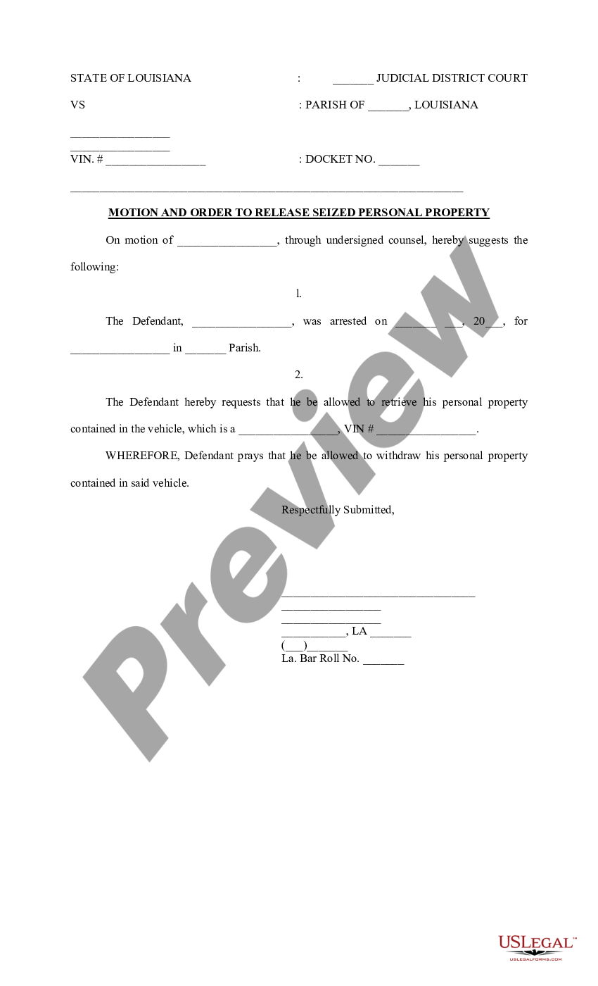 Louisiana Motion And Order To Release Seized Personal Property Motion Release Property Us 5880