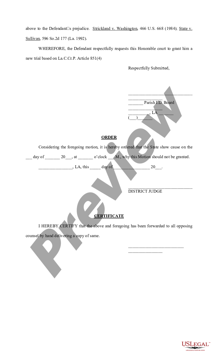 Shreveport Louisiana Motion for New Trial and Order - Long | US Legal Forms