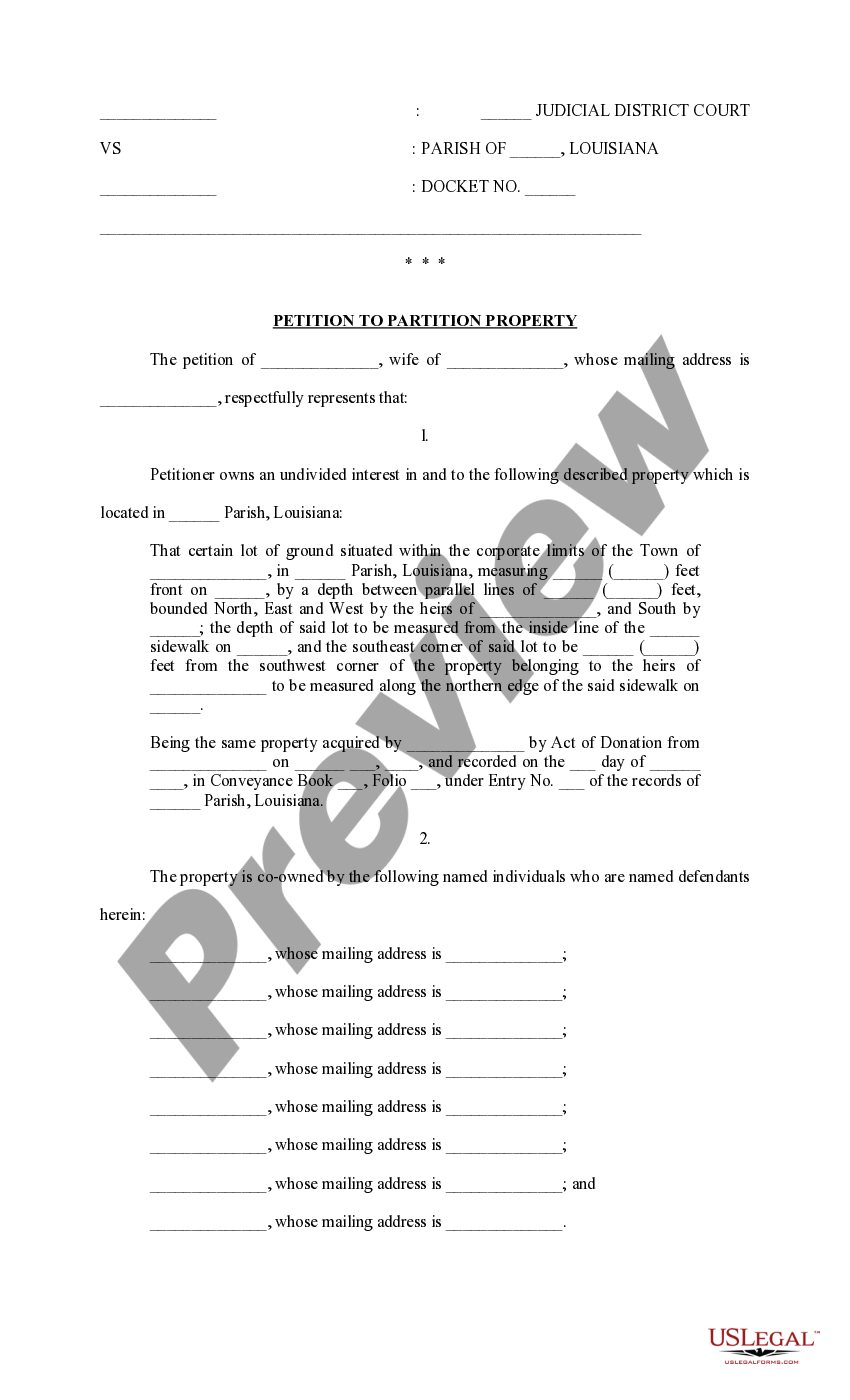 Louisiana Petition to Partition Property US Legal Forms