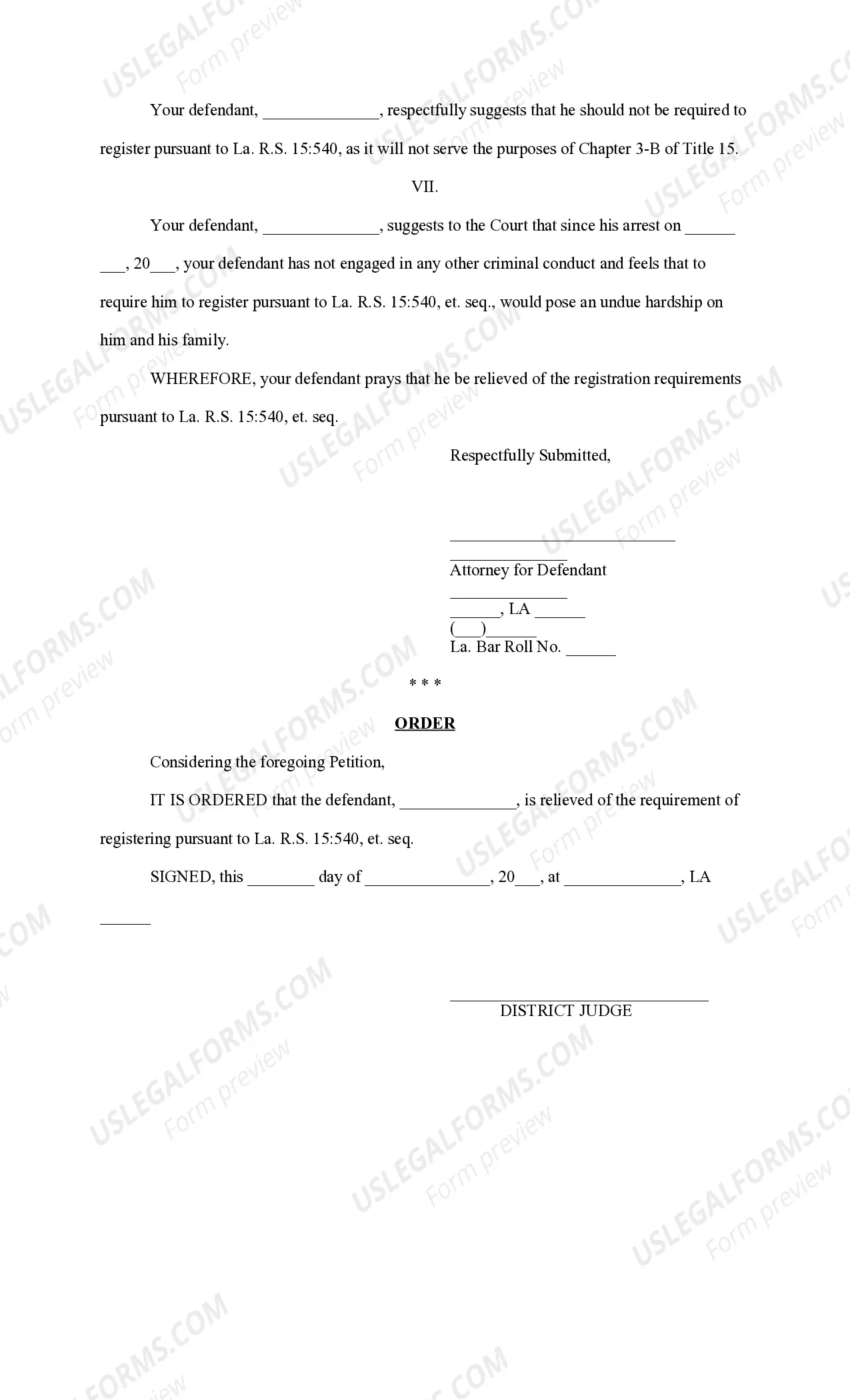 Preview Petition to be Relieved of Registering Pursuant to LA. R.S. 15:540, et. seq. Sex Offender, with Order Relieving Defendant of Requirement
