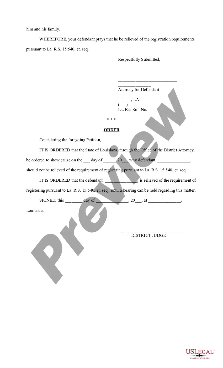 Louisiana Petition to be Relieved of Registering Pursuant to LA. R.S.  15:540, et. Seq. Sex Offender - How To Get Off Sex Offender Registry In  Louisiana | US Legal Forms