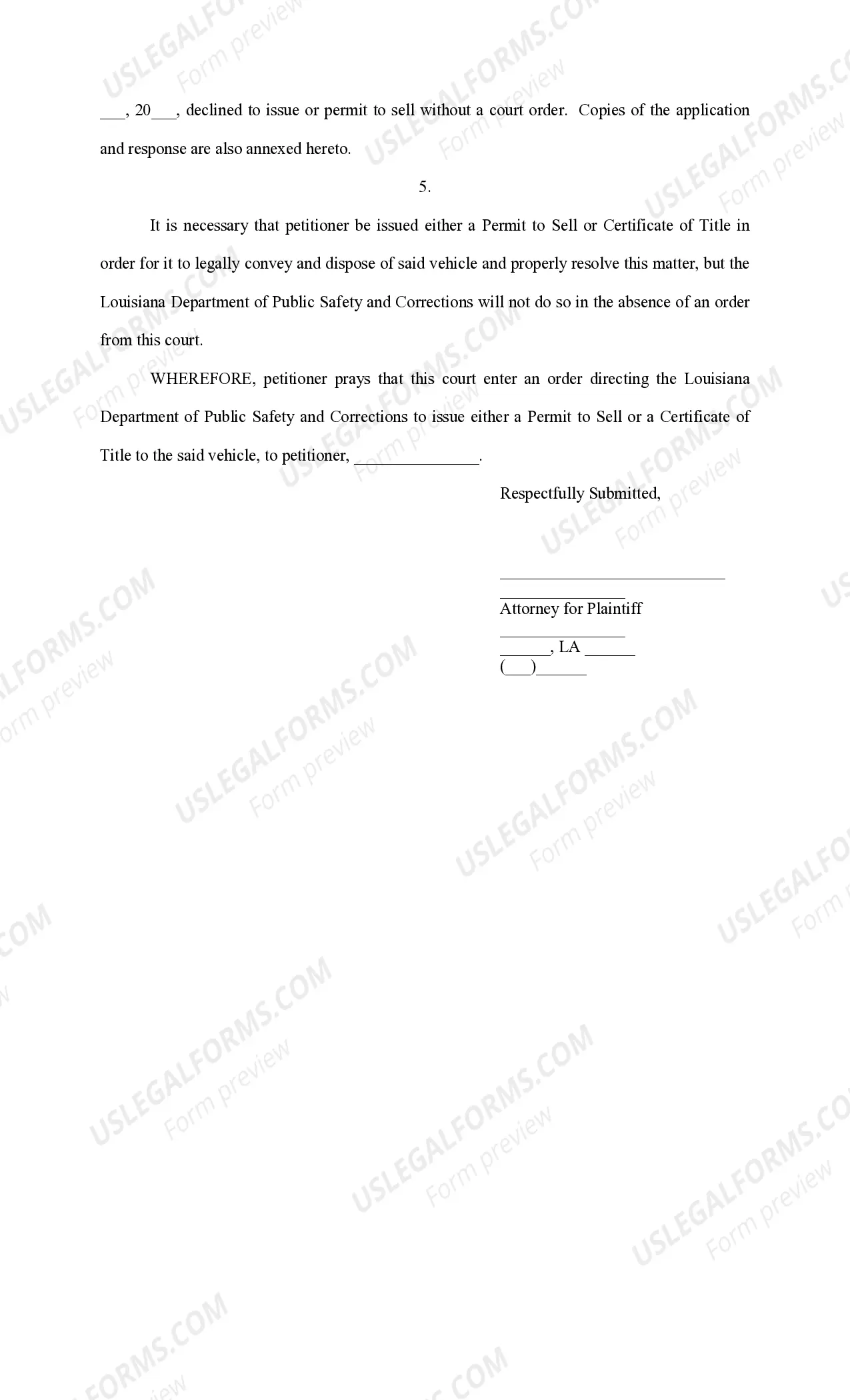 Preview Petition for Issuance of Permit to Sell or Certificate of Title of Vehicle