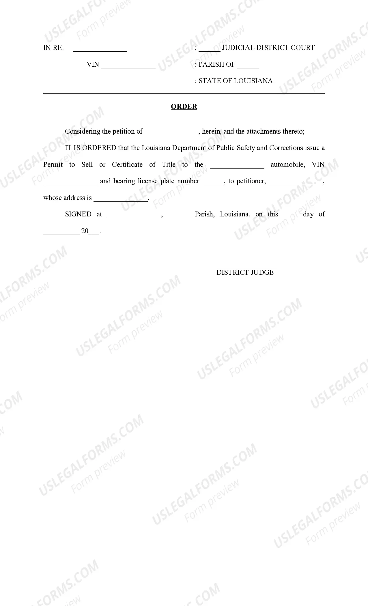 Preview Petition for Issuance of Permit to Sell or Certificate of Title of Vehicle