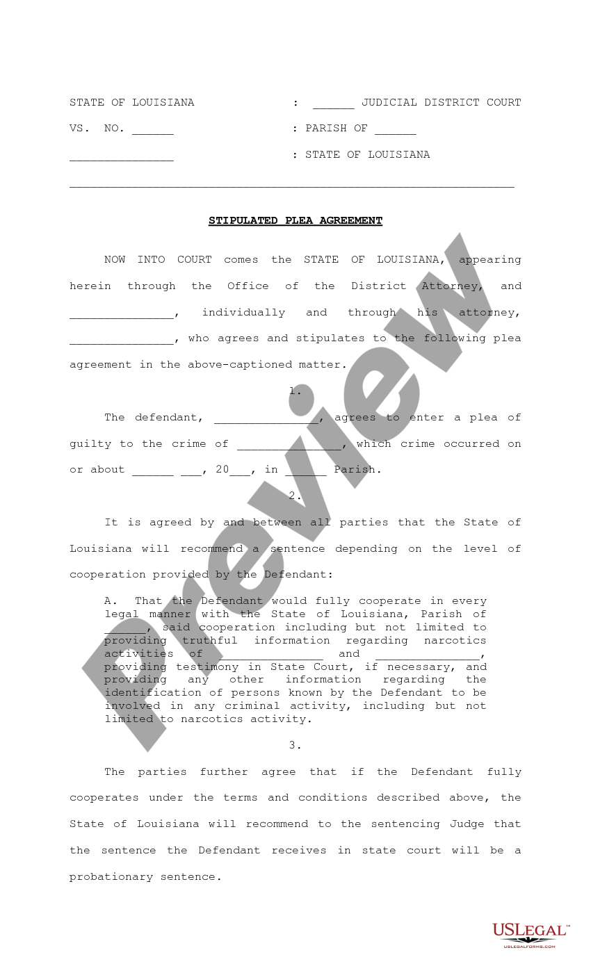 Louisiana Stipulated Plea Agreement | US Legal Forms