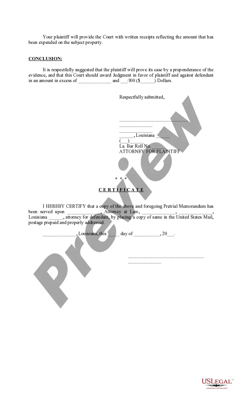 Get Pretrial Memorandum requesting reimbursement of real estate upkeep costs for redeemed property Preview Pretrial Memorandum requesting reimbursement of real estate upkeep costs for redeemed property
