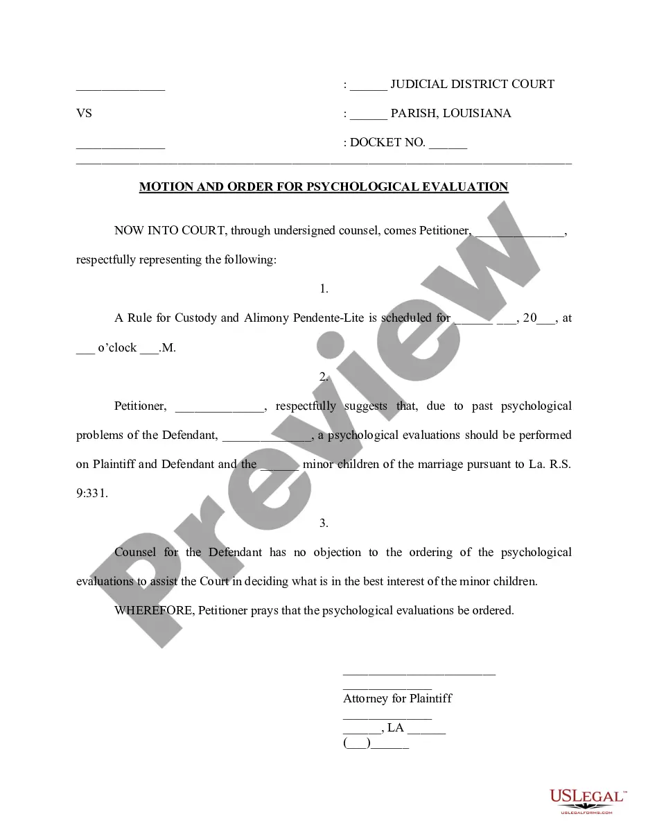 Louisiana Motion and Order for Psychological Evaluation Motion For