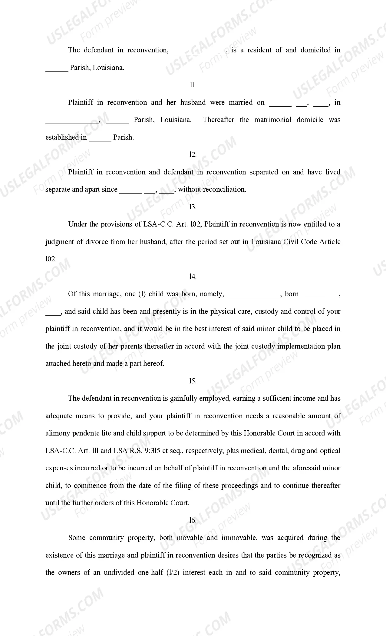 Preview Answer and Reconventional Demand for Alimony Pendente Lite, Child Support and Restraining Order