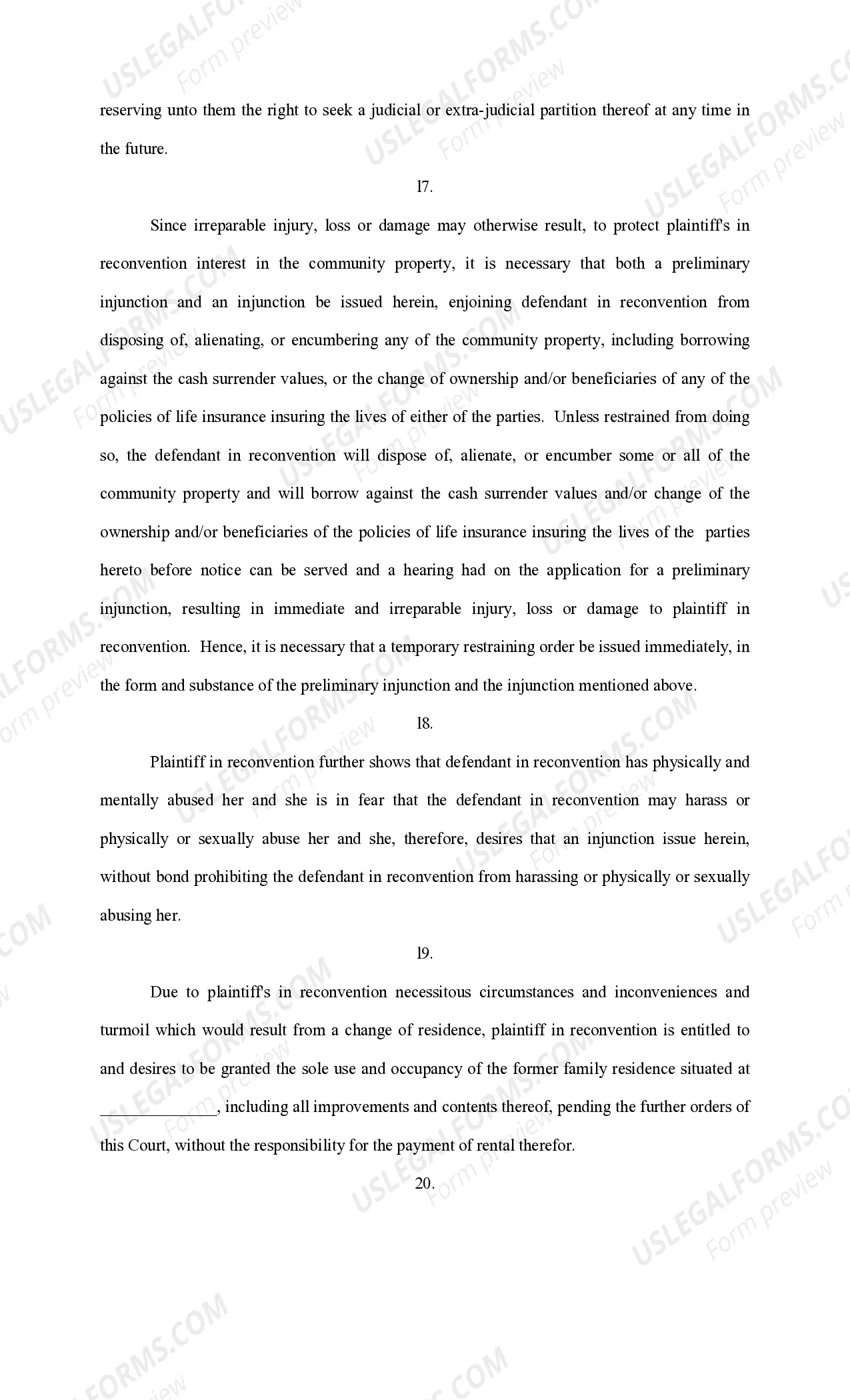 Preview Answer and Reconventional Demand for Alimony Pendente Lite, Child Support and Restraining Order