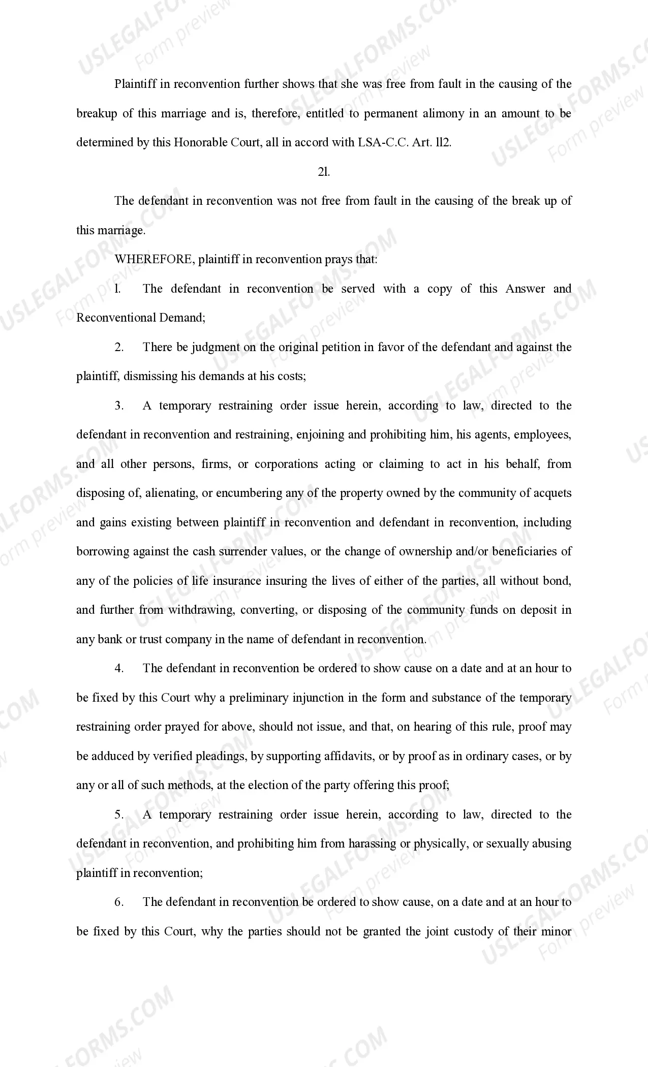 Preview Answer and Reconventional Demand for Alimony Pendente Lite, Child Support and Restraining Order