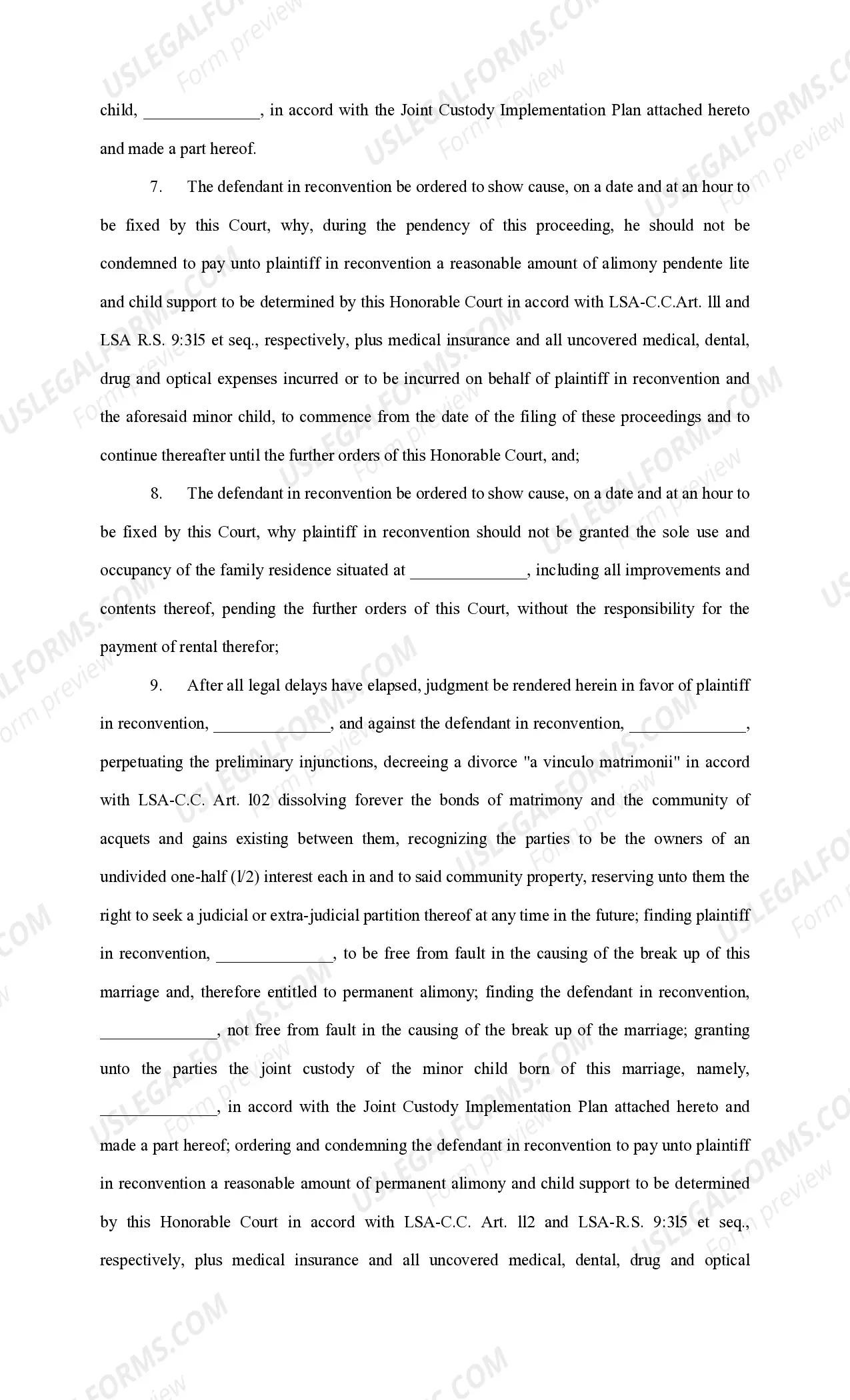 Preview Answer and Reconventional Demand for Alimony Pendente Lite, Child Support and Restraining Order