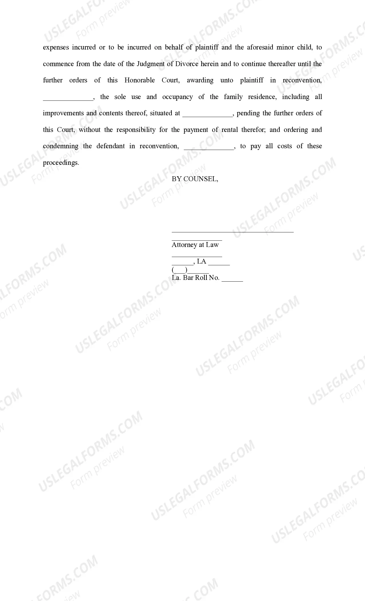 Preview Answer and Reconventional Demand for Alimony Pendente Lite, Child Support and Restraining Order