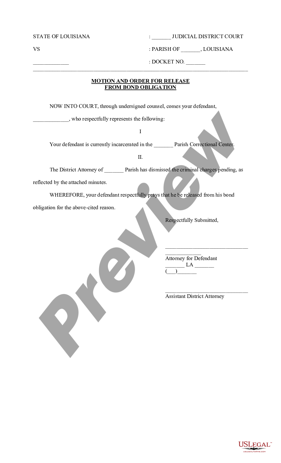 page 0 Motion and Order for Release from Bond Obligation preview