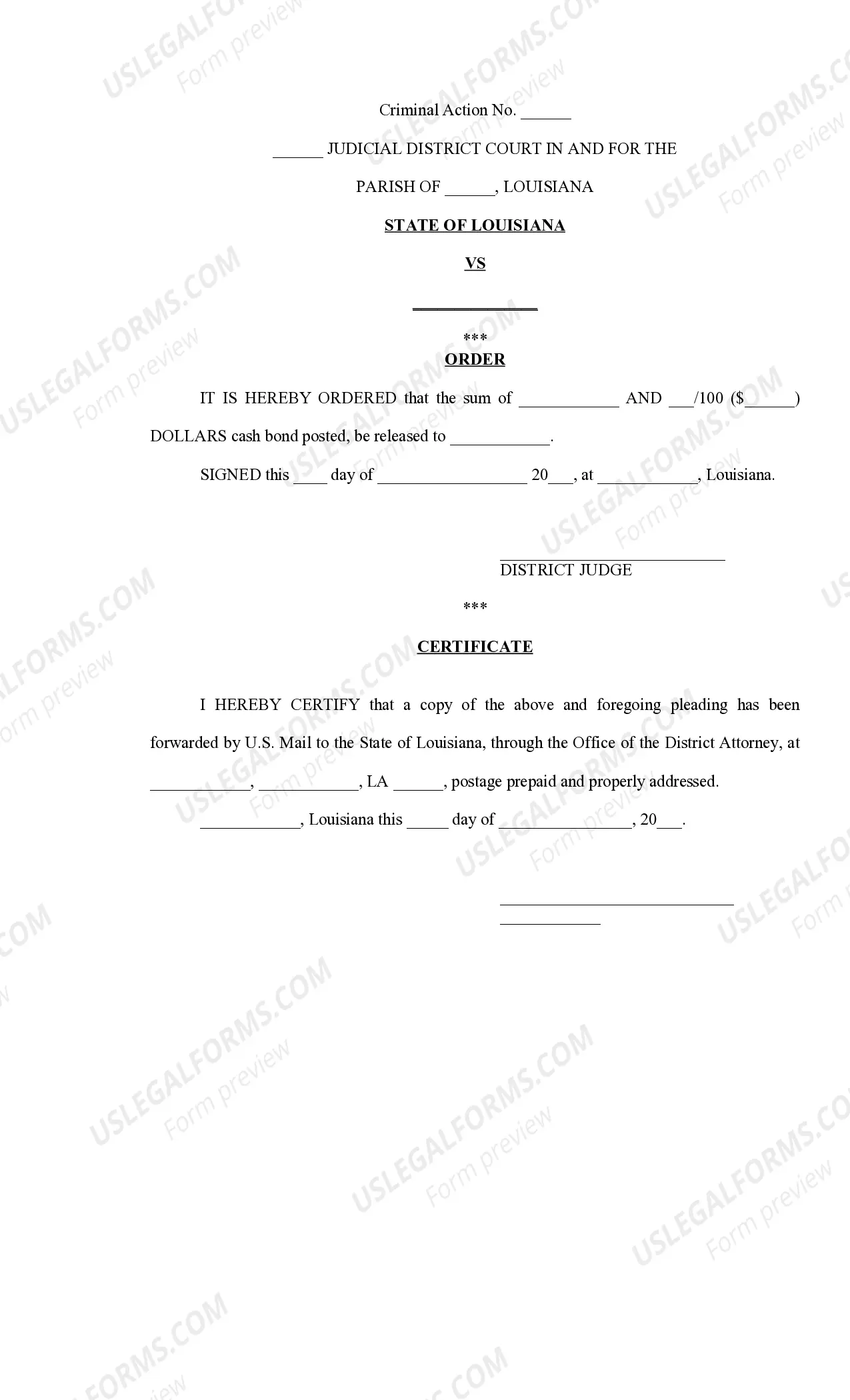 Preview Motion and Order to Release Cash Bond
