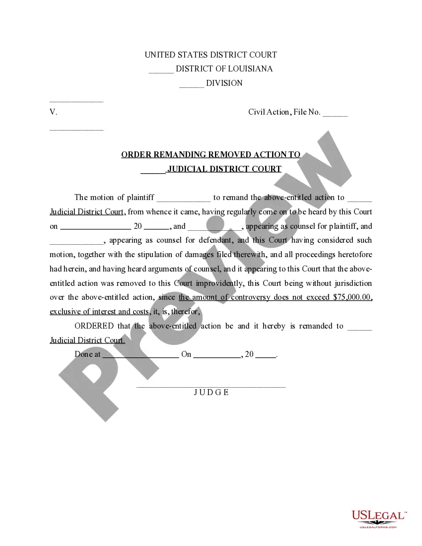 Preview Motion to Remand - Amount in Controversy Not in Excess of $75,000, Exclusive of Interest and Costs