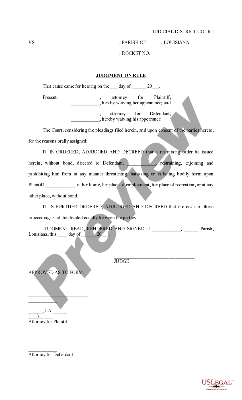 Louisiana Judgment on Rule on Restraining Order Louisiana Restraining Order US Legal Forms