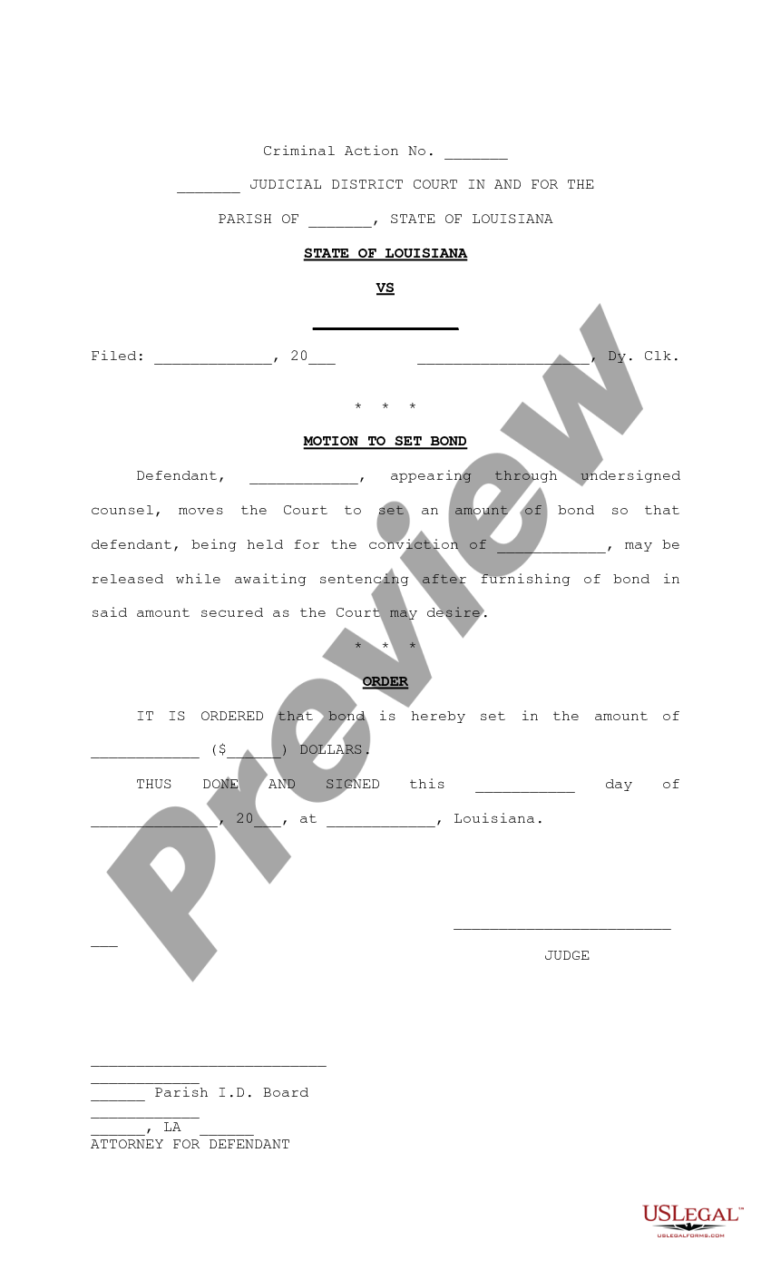 Louisiana Motion For Bond Reduction | US Legal Forms