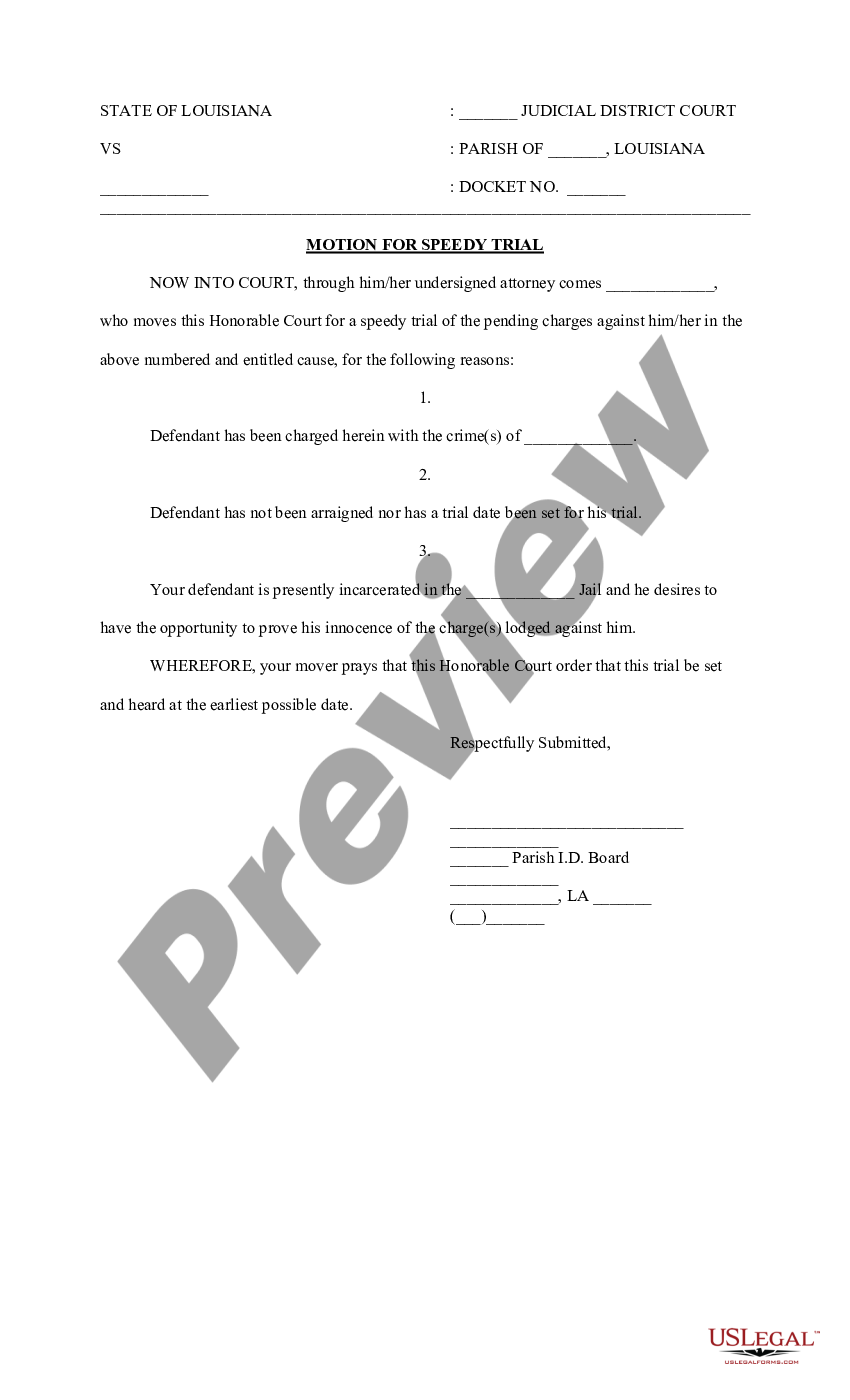 Louisiana Motion For Speedy Trial And Order 701 Release Louisiana Us Legal Forms