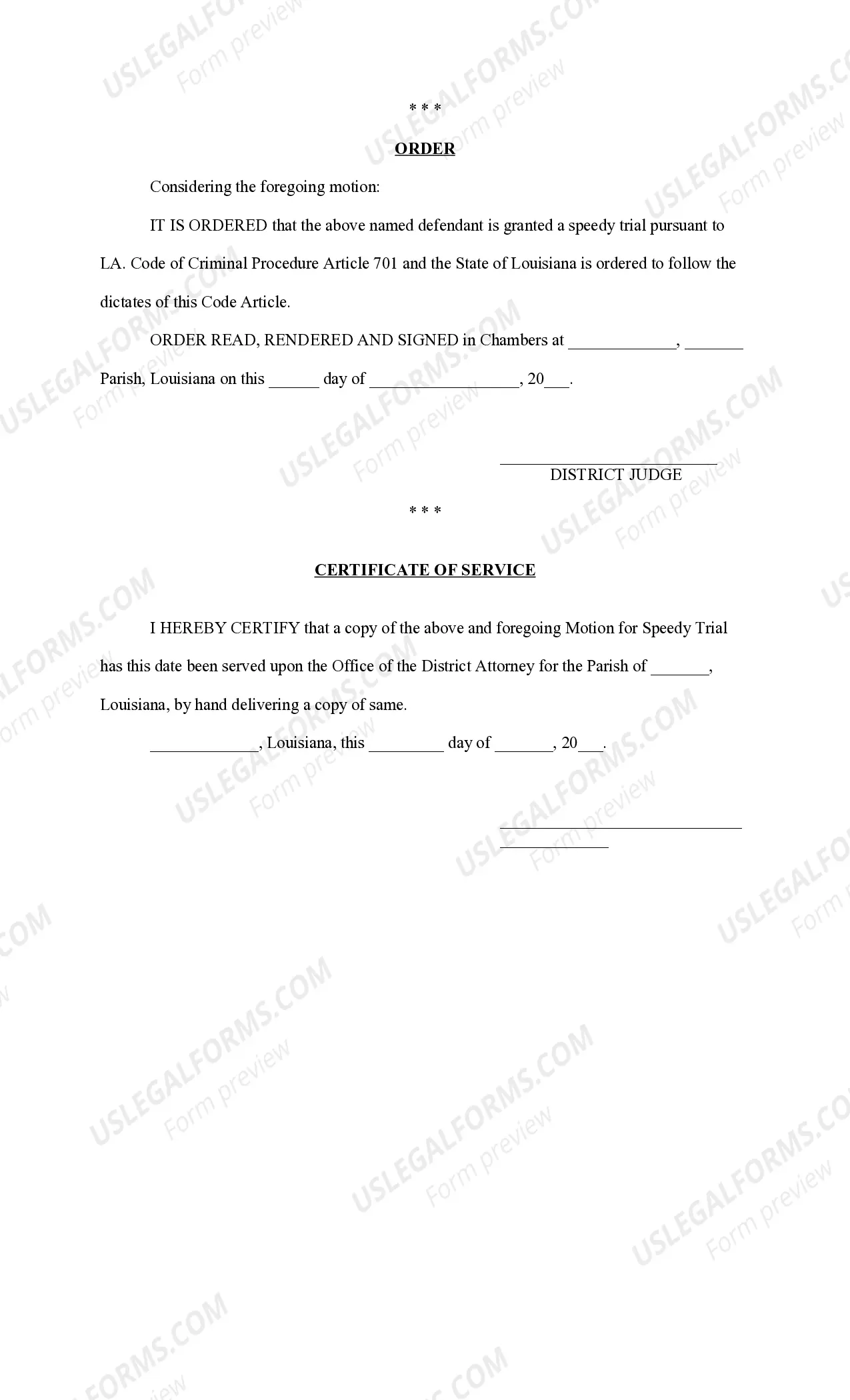 Preview Motion for Speedy Trial and Order - Incarcerated Defendant
