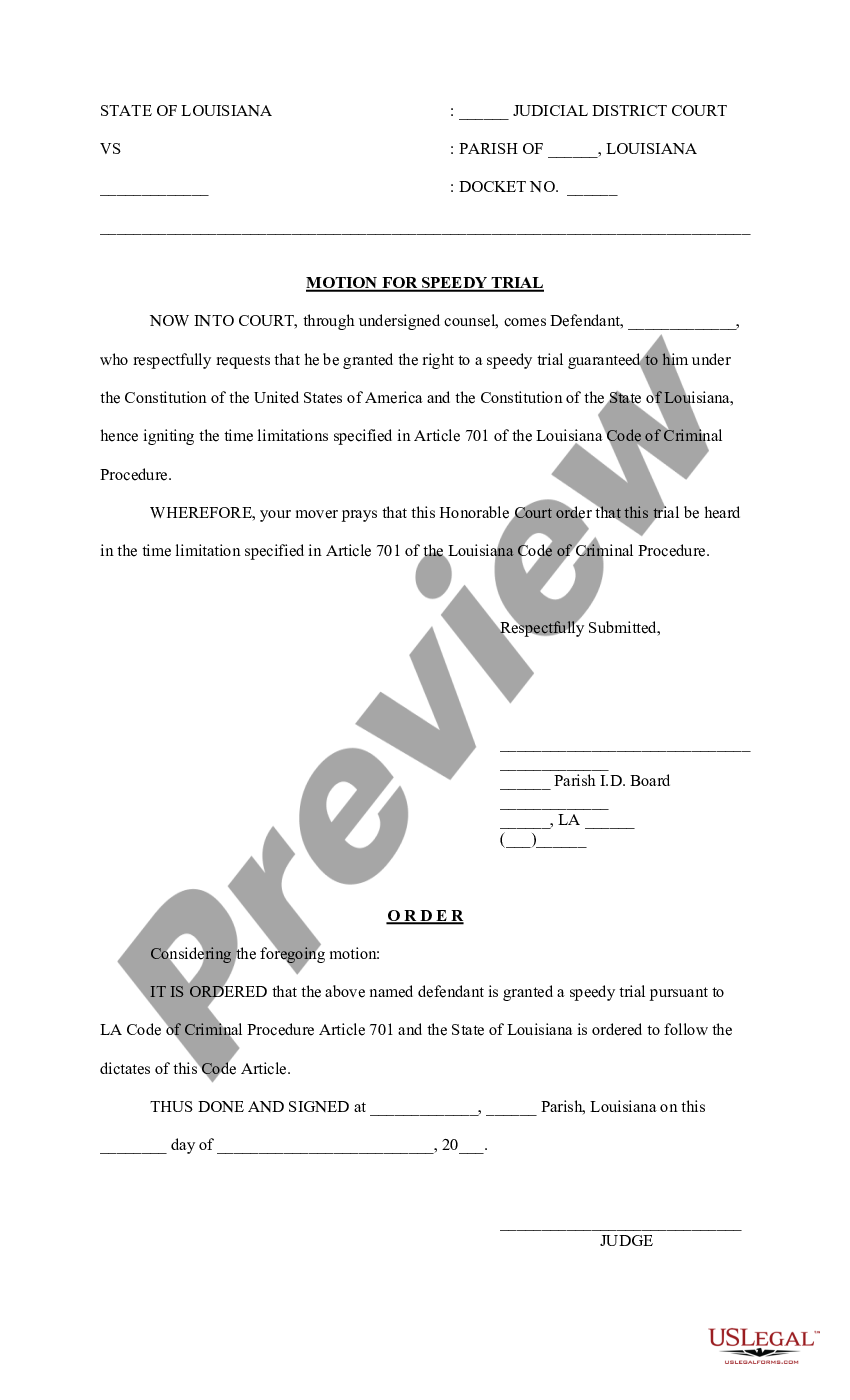 Motion For Speedy Trial Form With Decimals | US Legal Forms