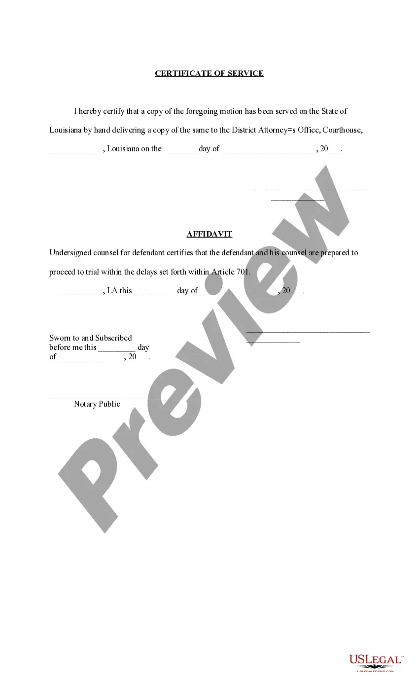 Preview Motion for Speedy Trial with affidavit of preparedness