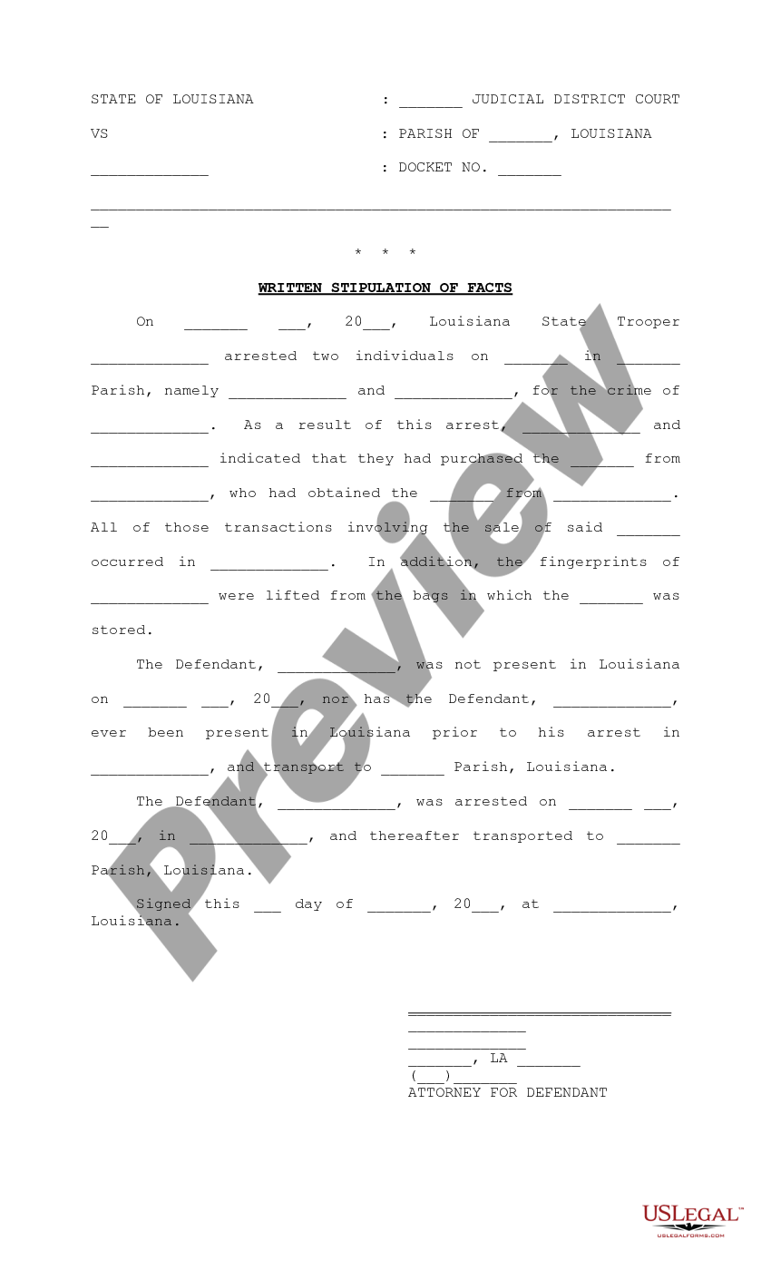 Louisiana Written Stipulation of Facts - Stipulation Facts | US Legal Forms