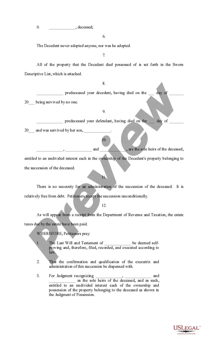 Preview Petition for Probate and Possession, Heirship or Descent Affidavit, Sworn Descriptive List, Judgment and Order